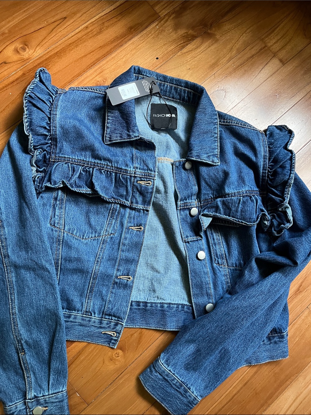 Fashion Nova Dark Blue Ruffle Denim Jacket
